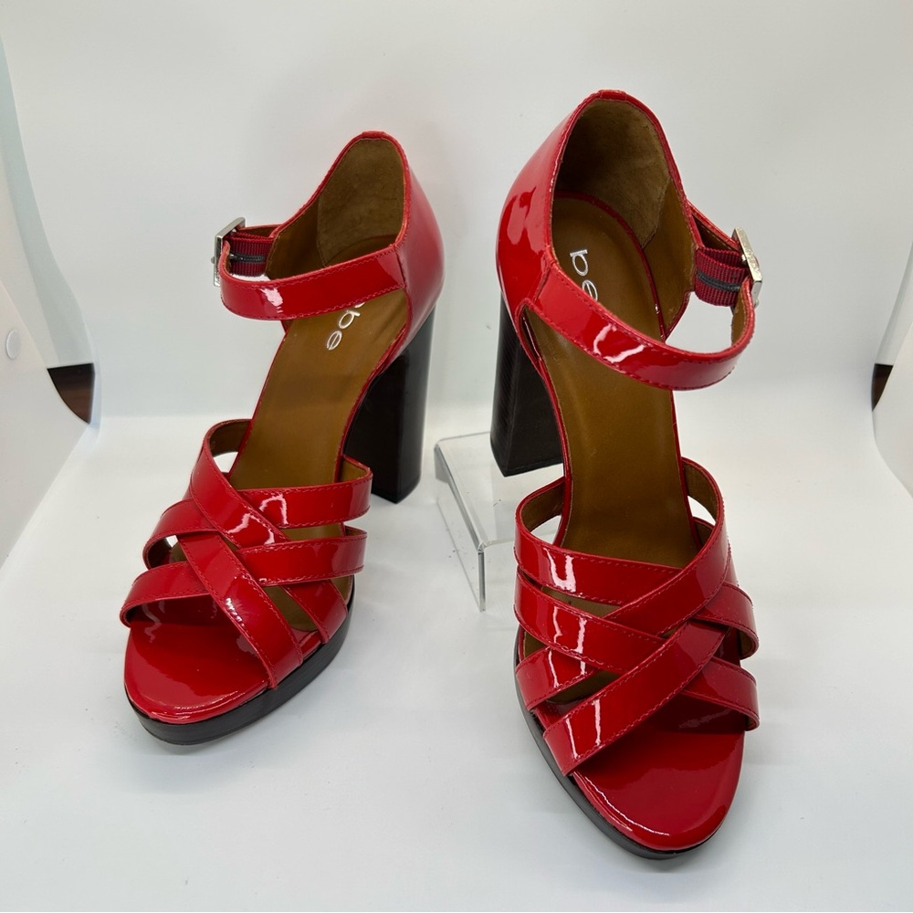 BEBE Size 5 Red Patent Chunky Heels Y2K